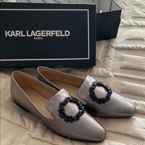 Karl Lagerfeld Silver Flats with Pointed Toe and Embellishment
